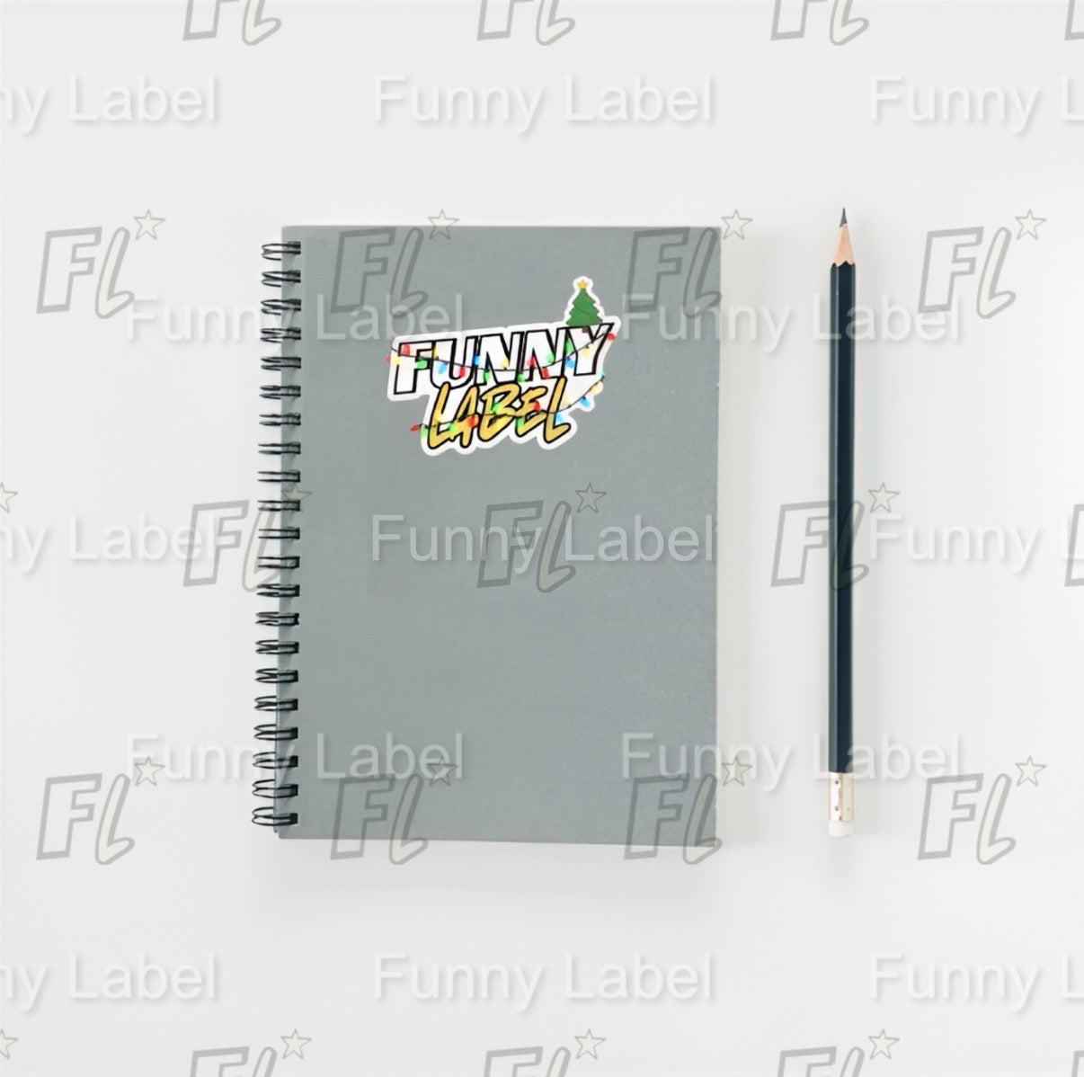 Funny Label Christmas Logo Sticker with Holiday Lights & Tree