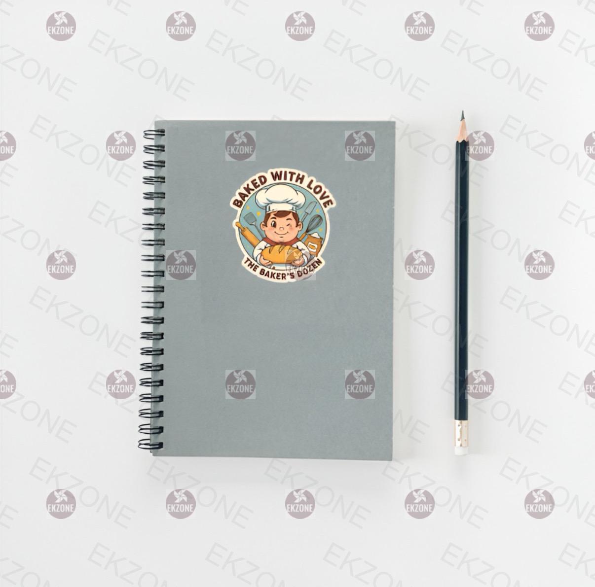 Gray spiral notebook with a sticker featuring a chef and text, next to a black pencil on a white background