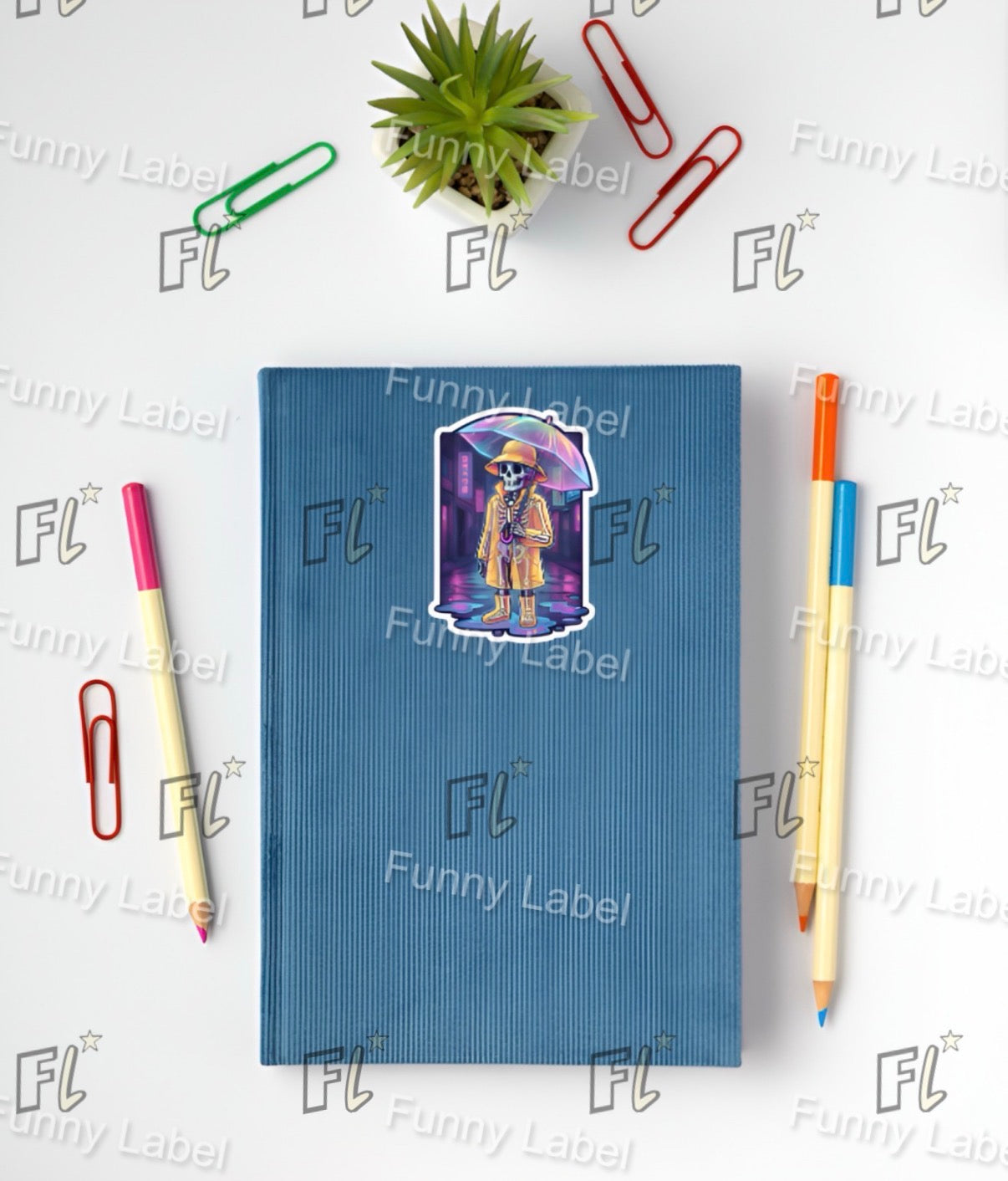 Blue notebook with a colorful sticker on a white background with stationery items.