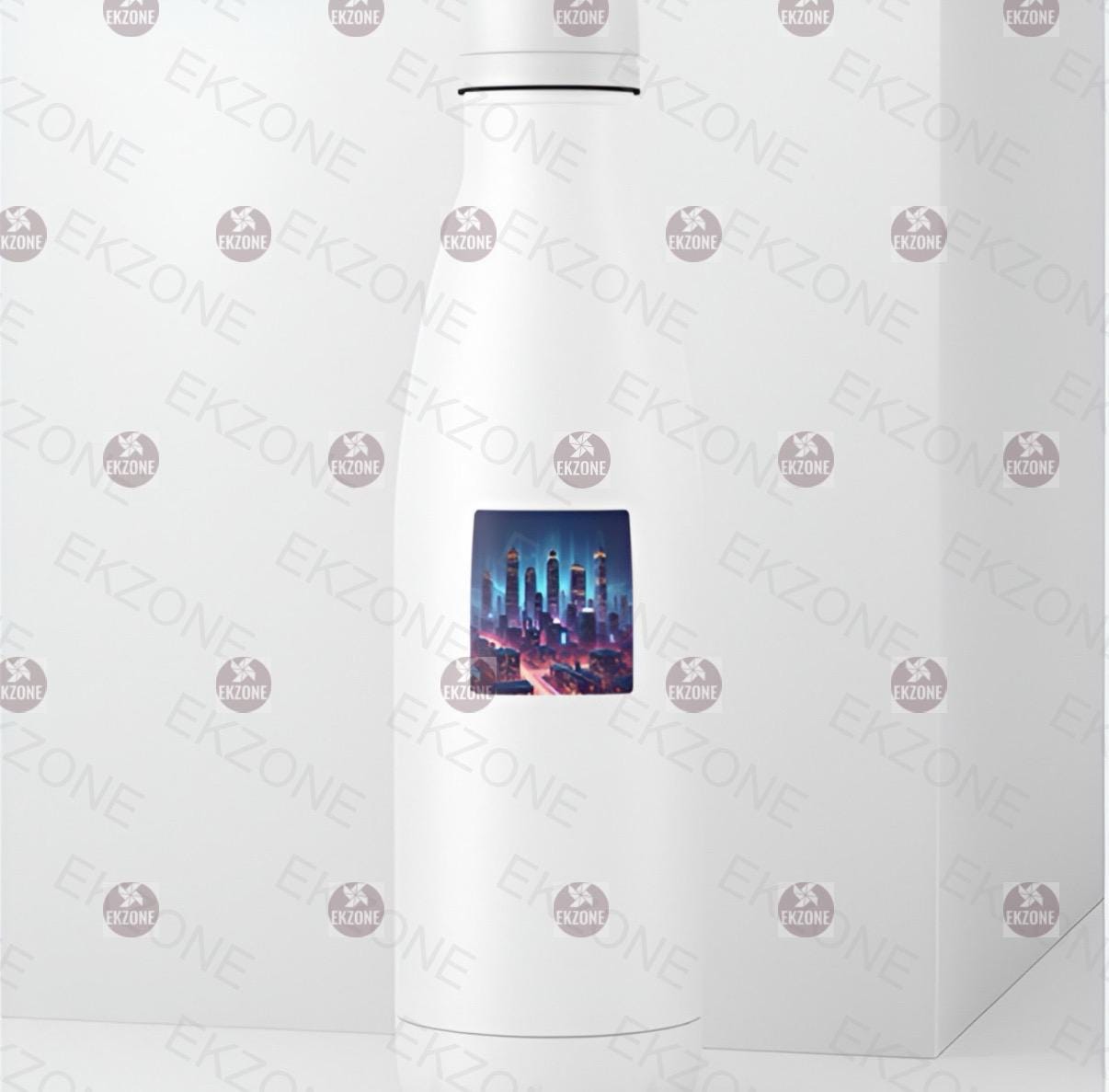 White cylindrical product with a colorful display on a branded background
