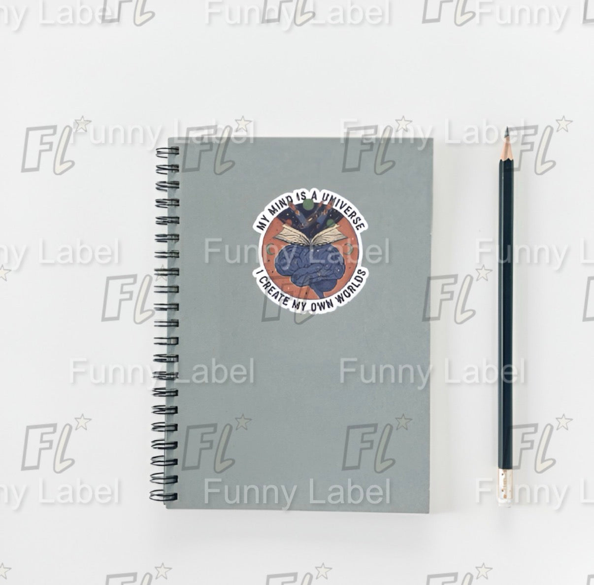 Notebook with a motivational quote and a pencil on a white background with 'Funny Label' branding.