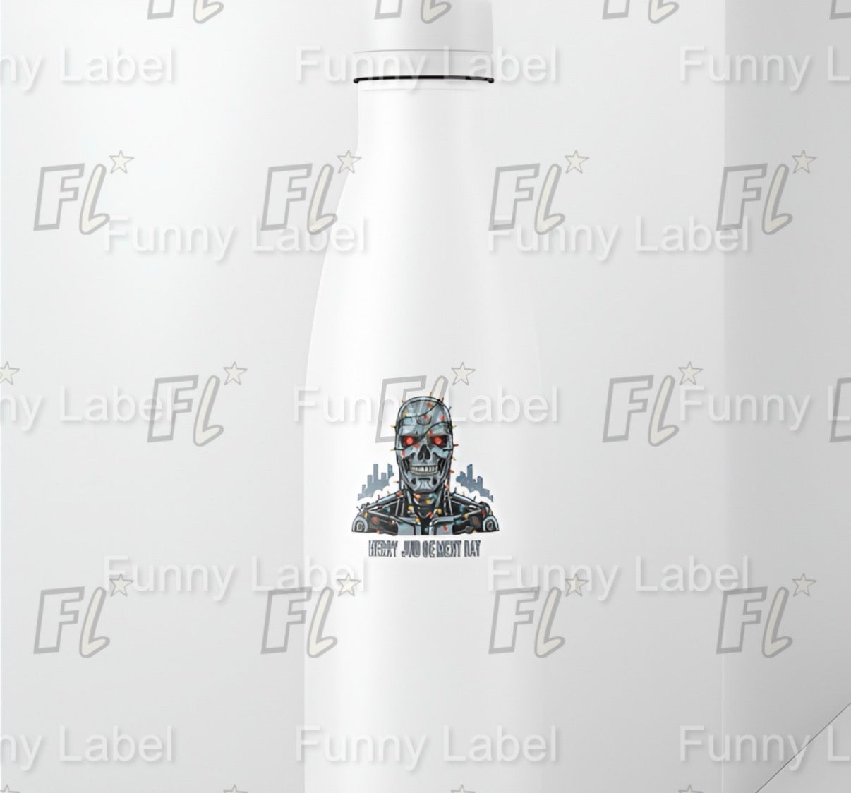 White bottle with a robot graphic and 'FL' branding on a white background
