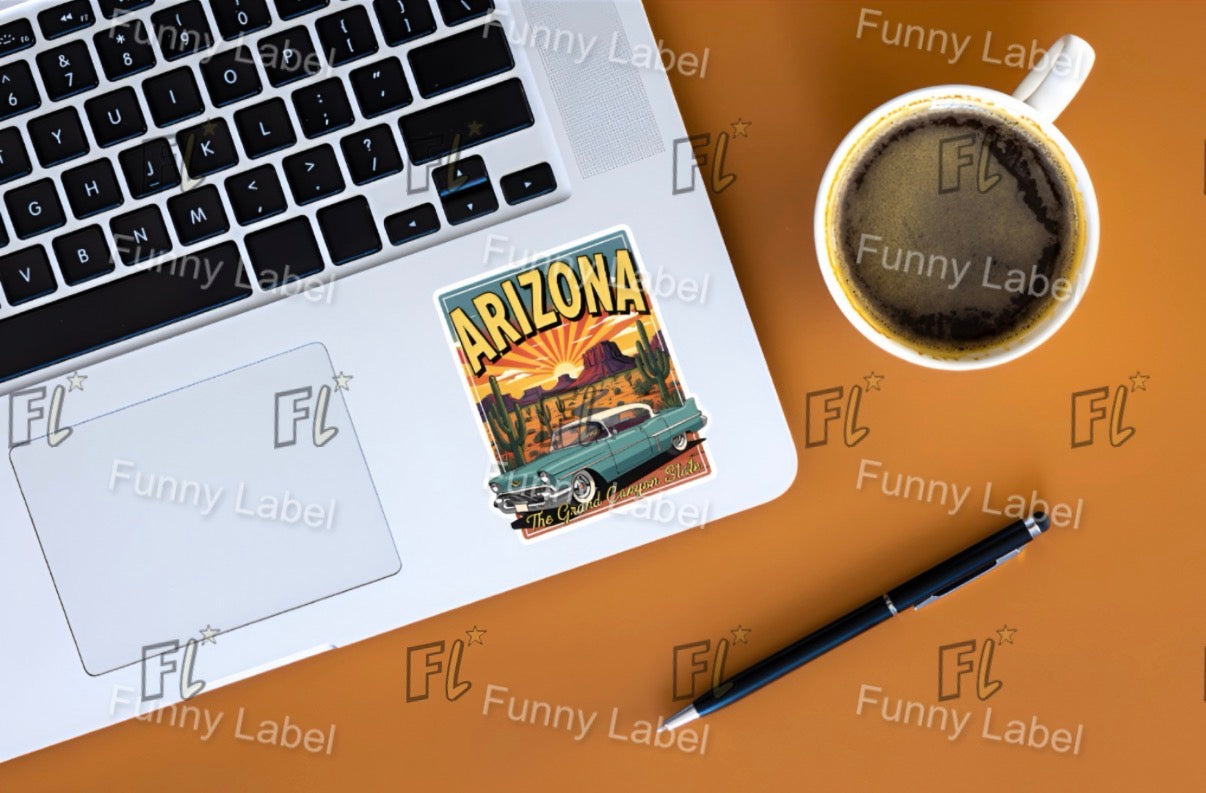 Arizona Sticker - The Grand Canyon State Decal - Retro Travel Art - Route 66 Gift - Vintage Car Sticker