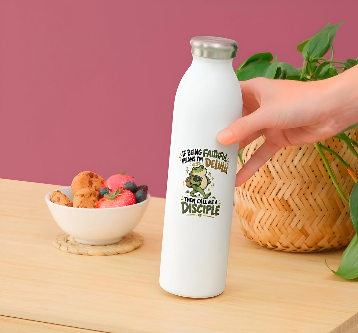 Faithful Delulu Christian frog sticker displayed on a white reusable water bottle