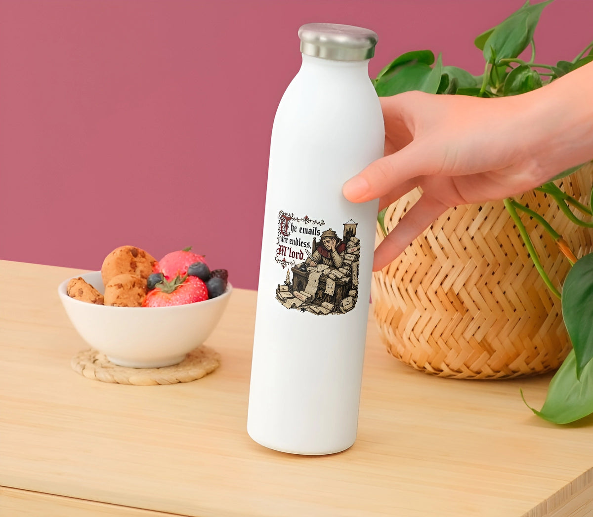 Funny medieval work sticker with endless emails quote on a white water bottle
