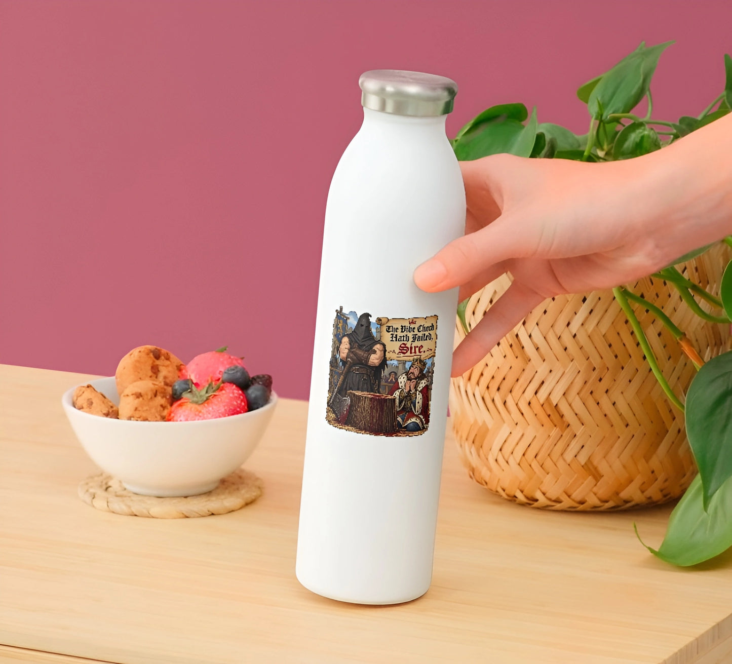 The Vibe Check Hath Failed Sire dark humor medieval sticker displayed on a white water bottle