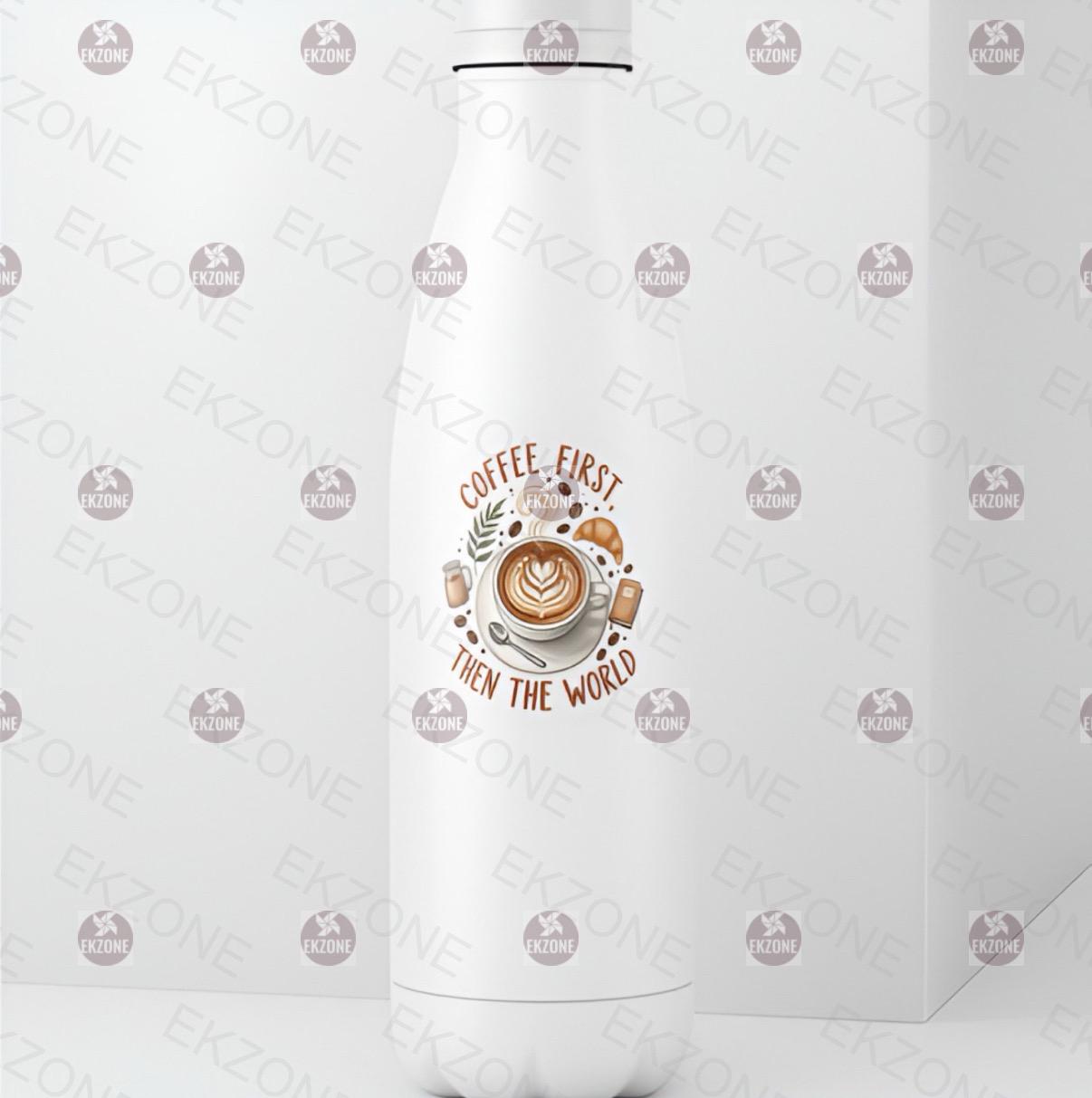 White apron with a coffee-themed design on a white background