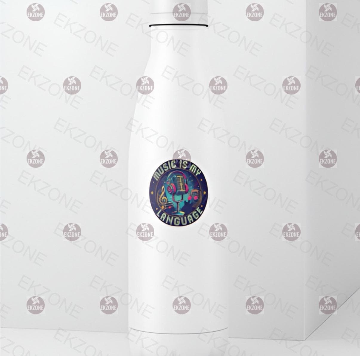 White bottle with a colorful 'Music is my Language' sticker on a white background.