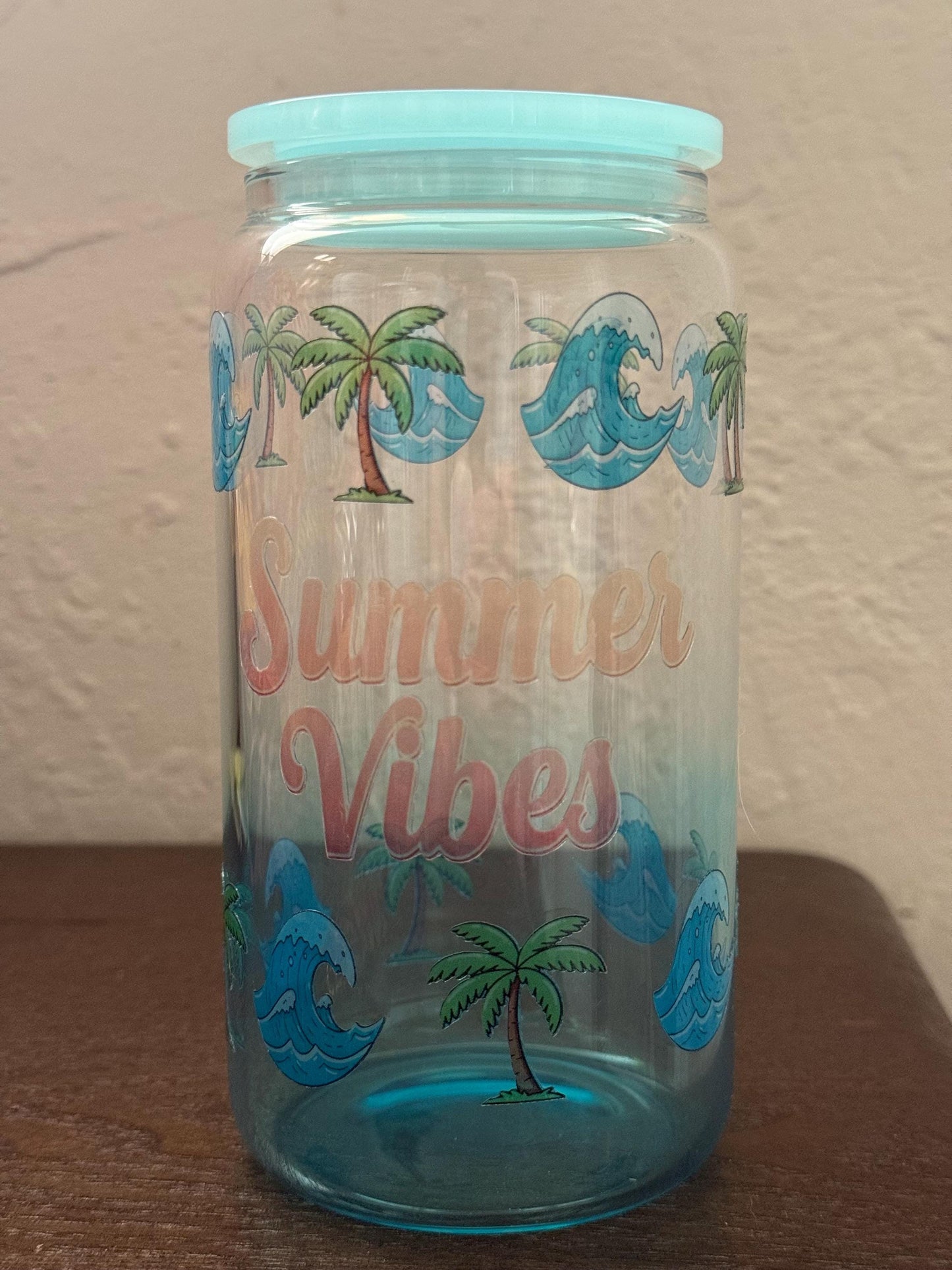 Summer Vibes Glass Cup - Clear Glass Tumbler with Lid Summer Vibes Palm Tree Ocean Waves Drinkware -  Iced Coffee Glass Can Tumbler Summer