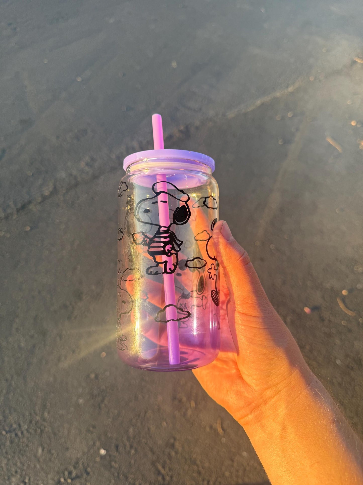 Snoopy Glass Tumbler with Lid & Straw | Peanuts Character Iced Coffee Tumbler | Cute Cartoon Dog Drinkware | Purple Ombre Glass | Gift for
