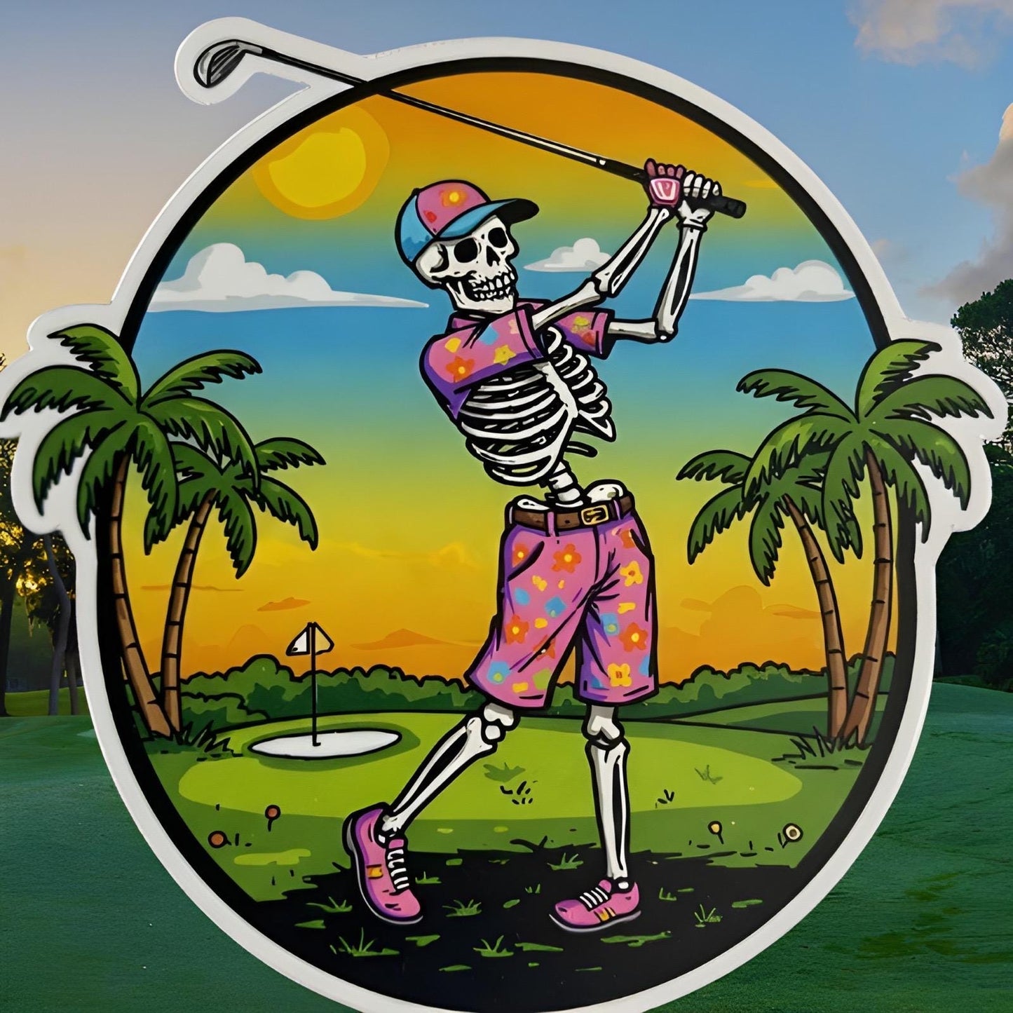 Skeleton Golf Sticker - Tropical Golfing Skeleton Decal - Funny Golf Sticker - Palm Tree Sunset Golf Art - Hawaiian Shirt Skull Sticker,
