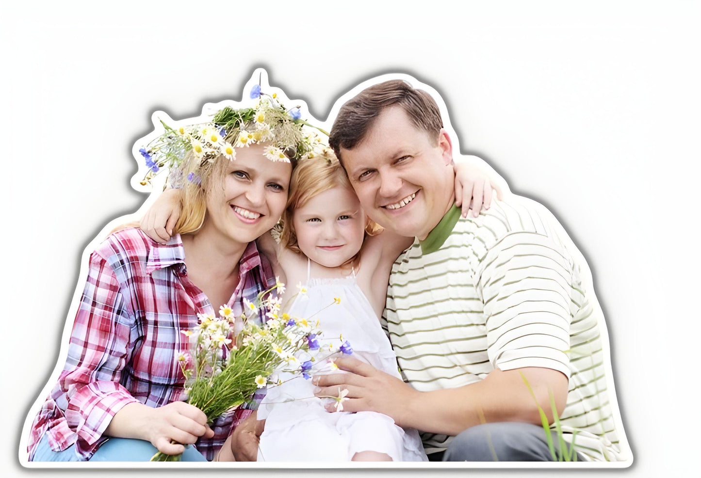 Family of three with a woman, child, and man on a white background