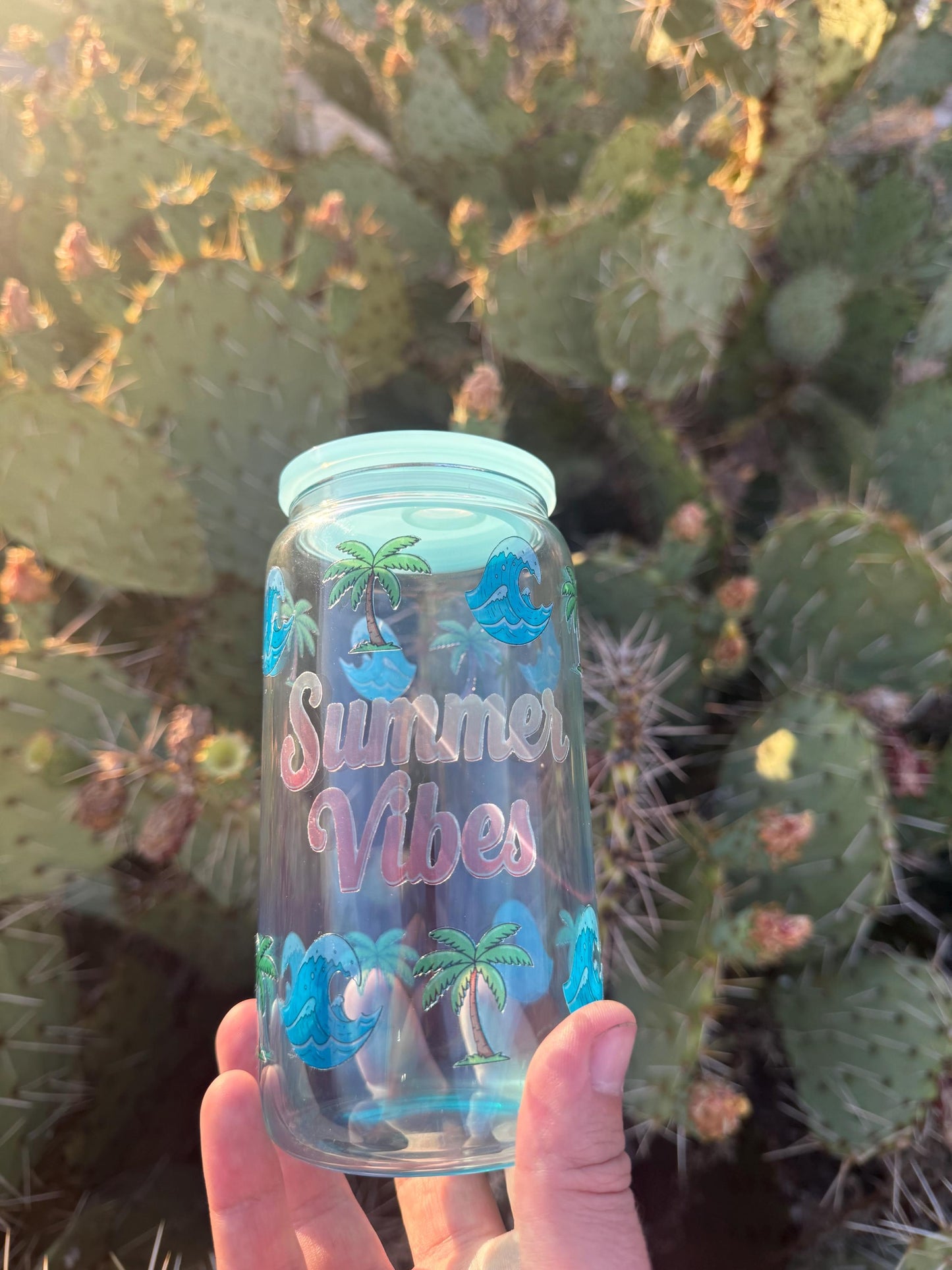 Summer Vibes Glass Cup - Clear Glass Tumbler with Lid Summer Vibes Palm Tree Ocean Waves Drinkware -  Iced Coffee Glass Can Tumbler Summer