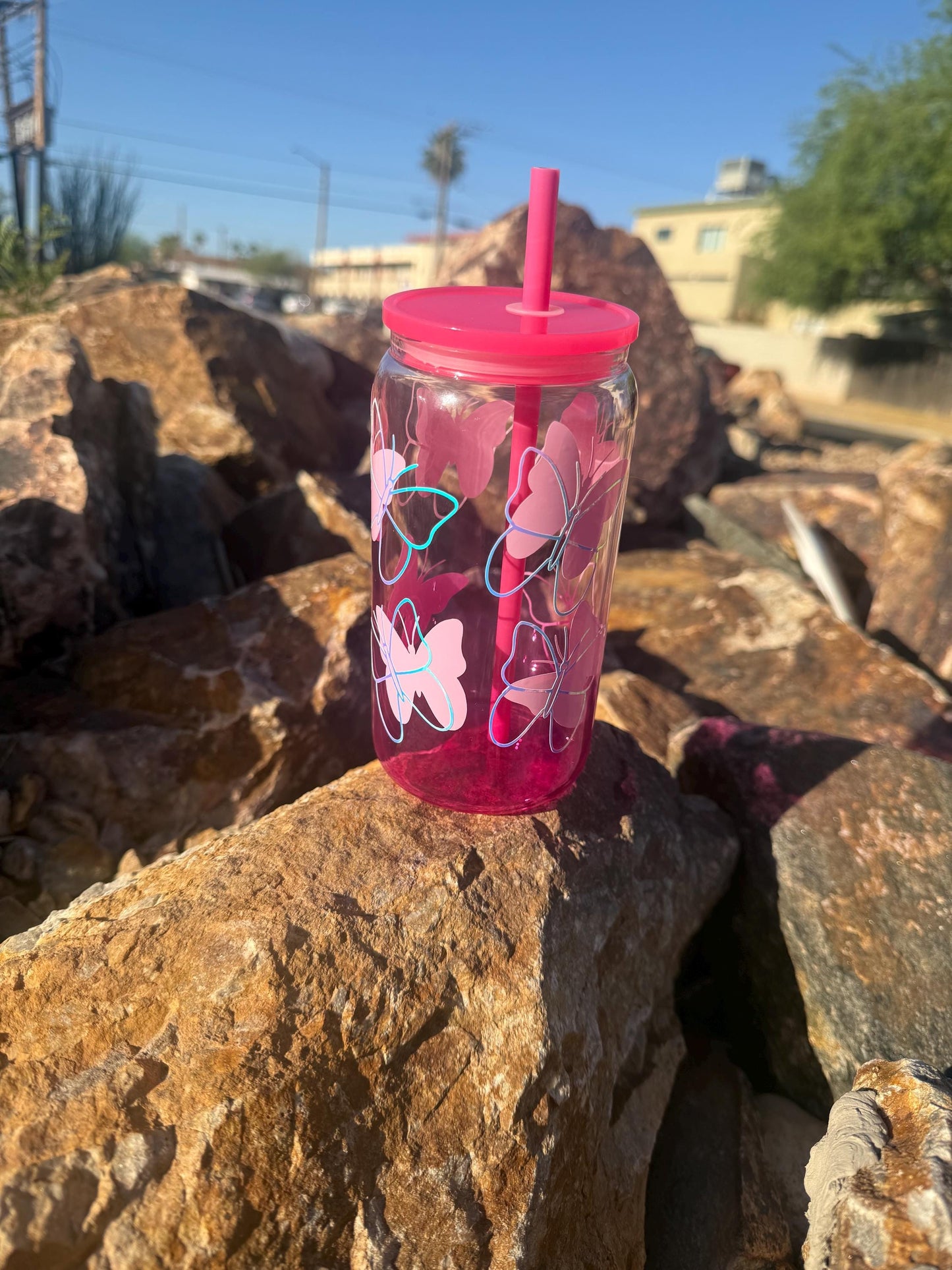 Pink Butterfly Glass Cup with Lid & Straw - Coquette Aesthetic Iced Coffee Tumbler - Holographic Butterfly Drinkware -  Cute Glass Can Gift