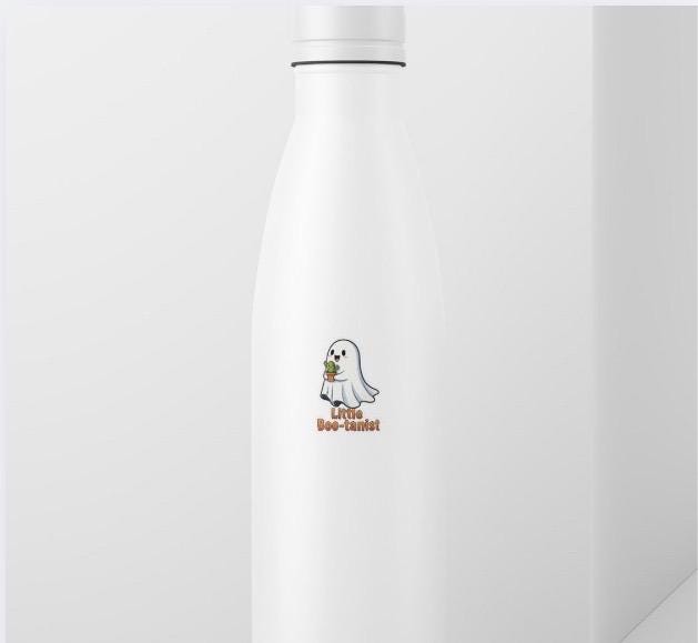 White bottle with a ghost design and text on a white background