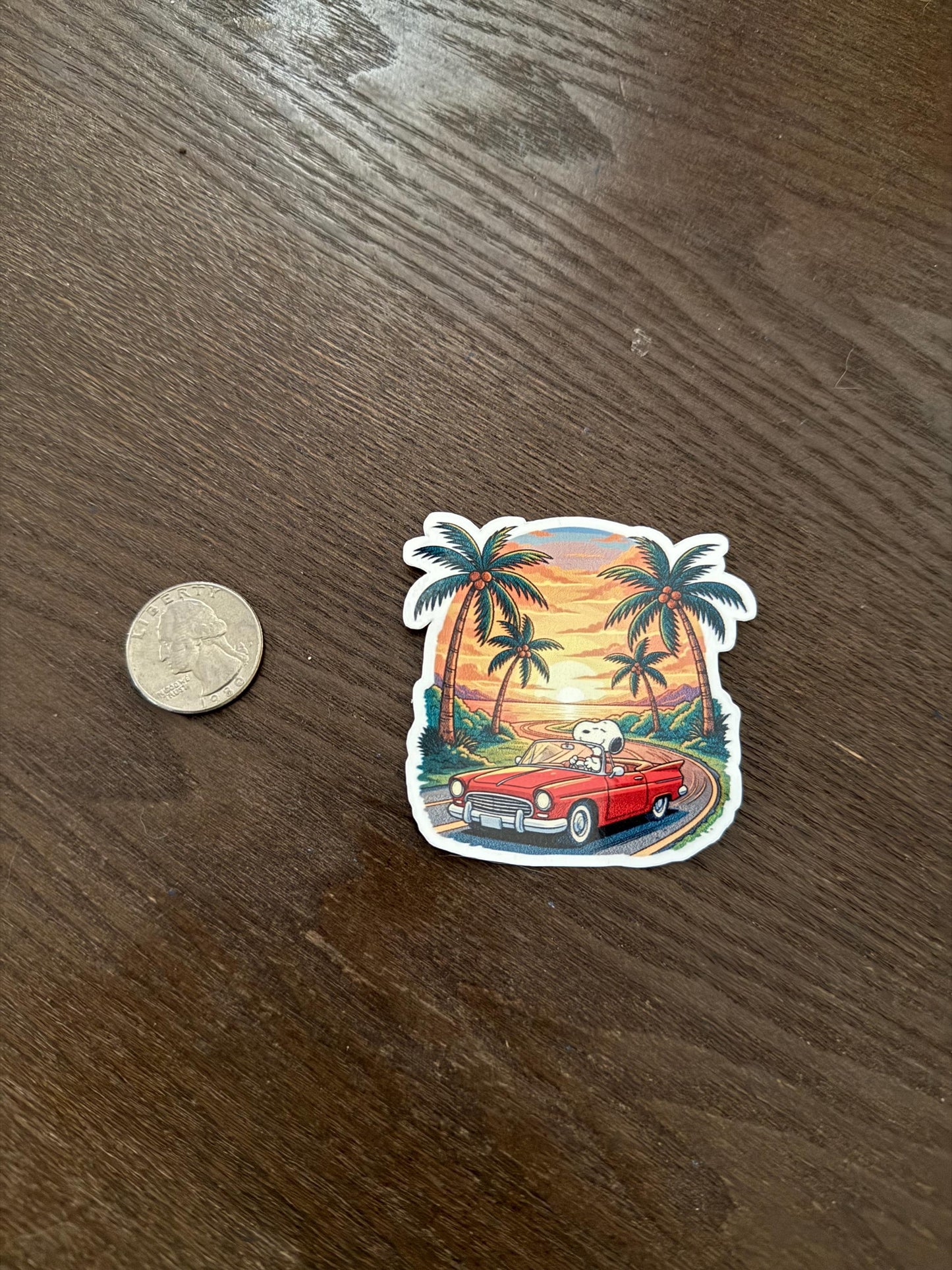 Snoopy Driving Car Sunset Sticker | Peanuts Road Trip Decal | Classic Car Art | California Summer Vinyl | Beach Travel Gift | Driver Snoopy