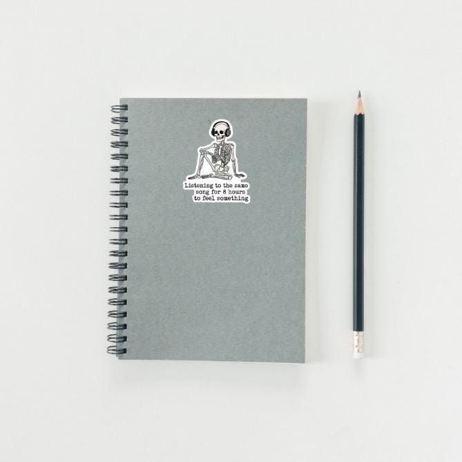 Listening to Same Song 8 Hours Skeleton Sticker |  Mental Health Decal | Relatable Music Lover Art | Existential Humor Vinyl | Laptop Decal