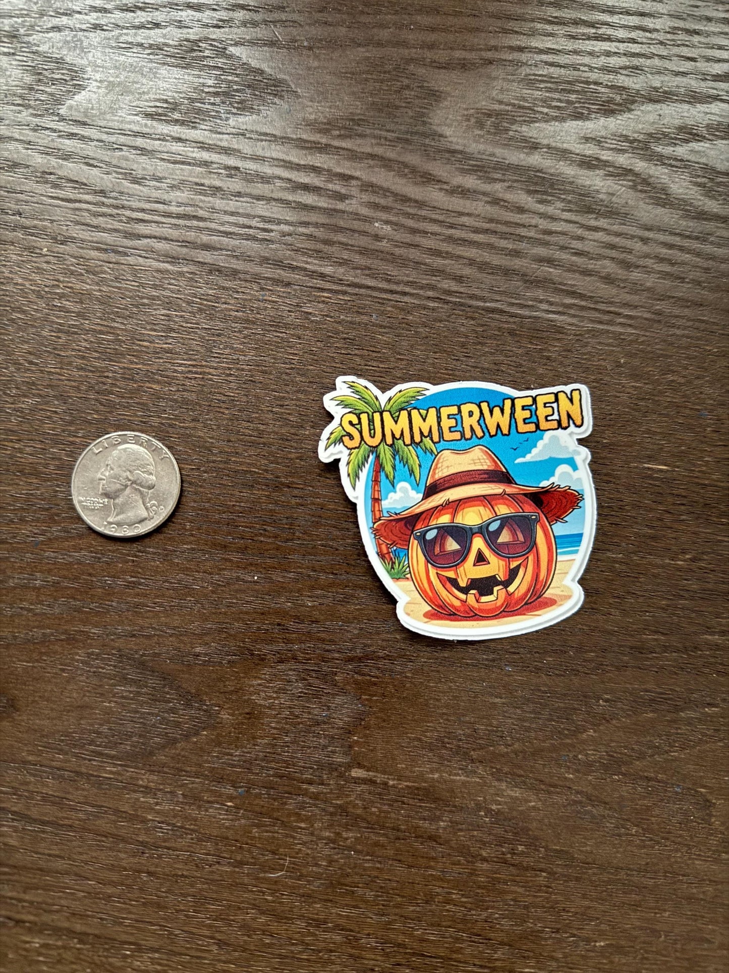 Summerween Pumpkin Beach Sticker | Halloween in July Decal | Funny Spooky Summer Art | Jack O Lantern Beach Vinyl | Tropical Halloween Gift