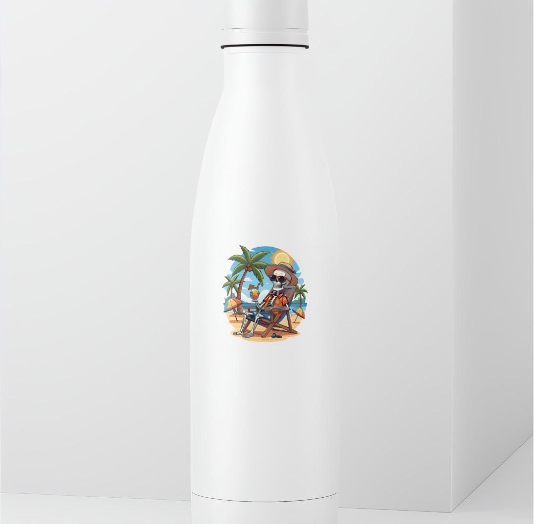 Sticker of a skeleton on a white water bottle