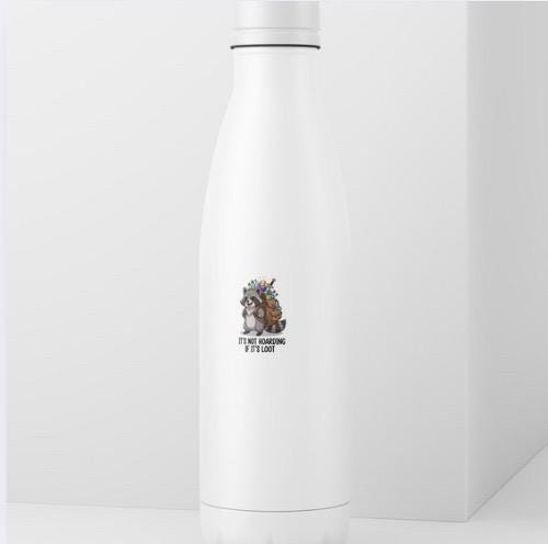 White water bottle with a design of a sloth and text on a white background