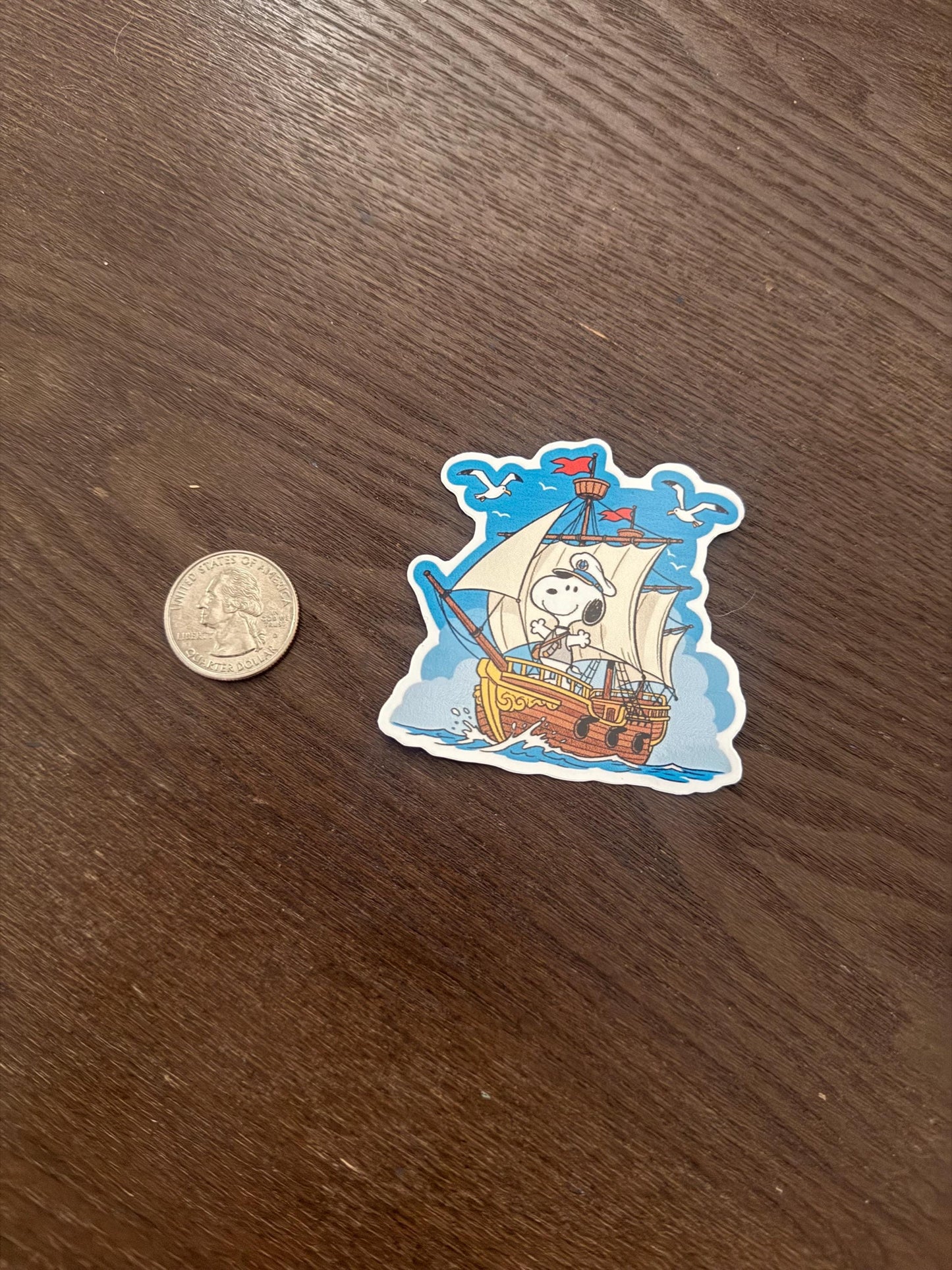Snoopy On Sail Ship Sticker | Peanuts Sailing Captain Decal | Nautical Adventure Art | Classic Cartoon Vinyl | Ocean  Gift | Captain Snoopy