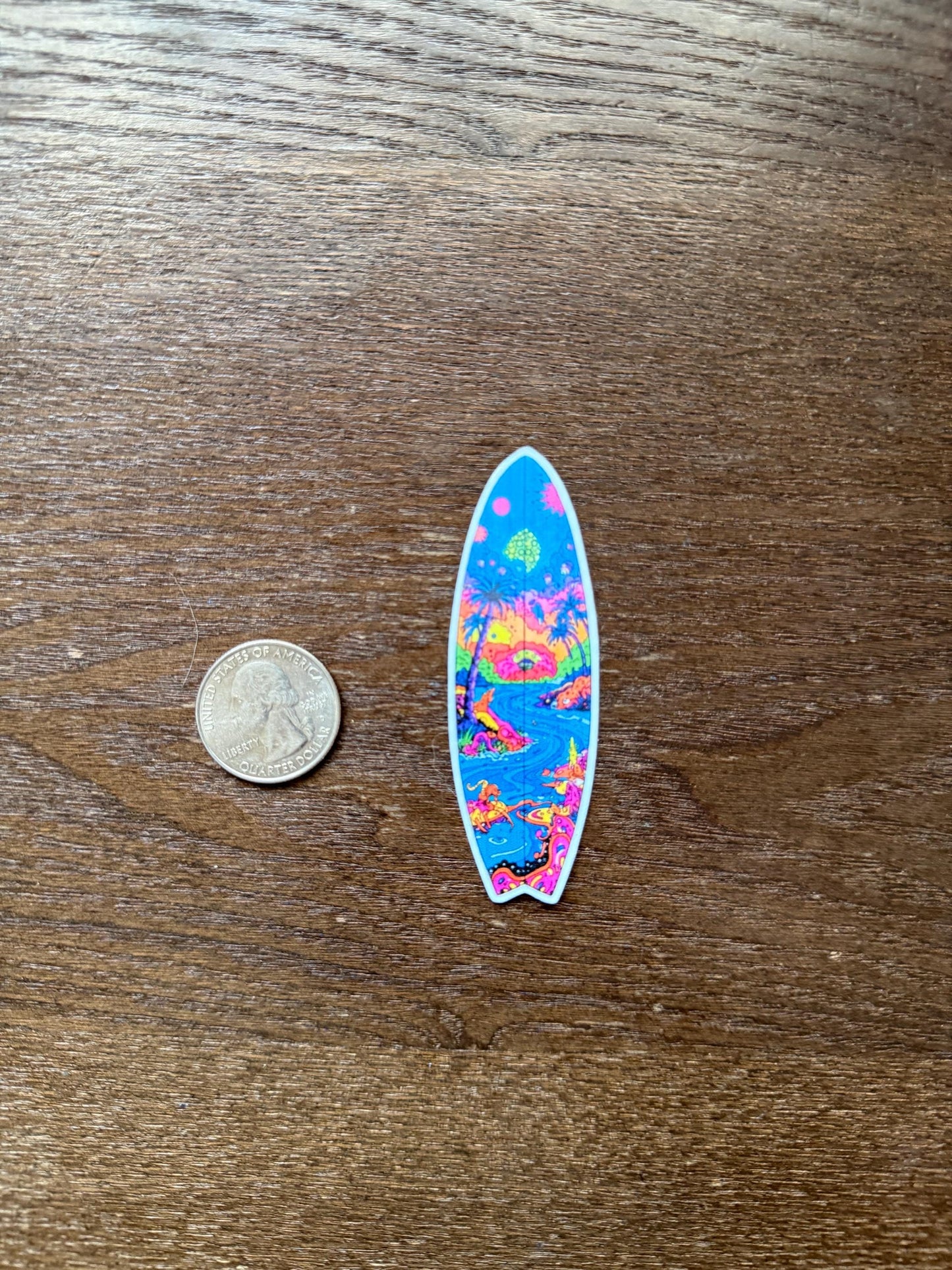 Psychedelic Surfboard Sticker - Trippy Tropical Beach Scene Decal - Colorful Surf Vinyl Sticker - Surfboard Shaped Sticker - Laptop Sticker