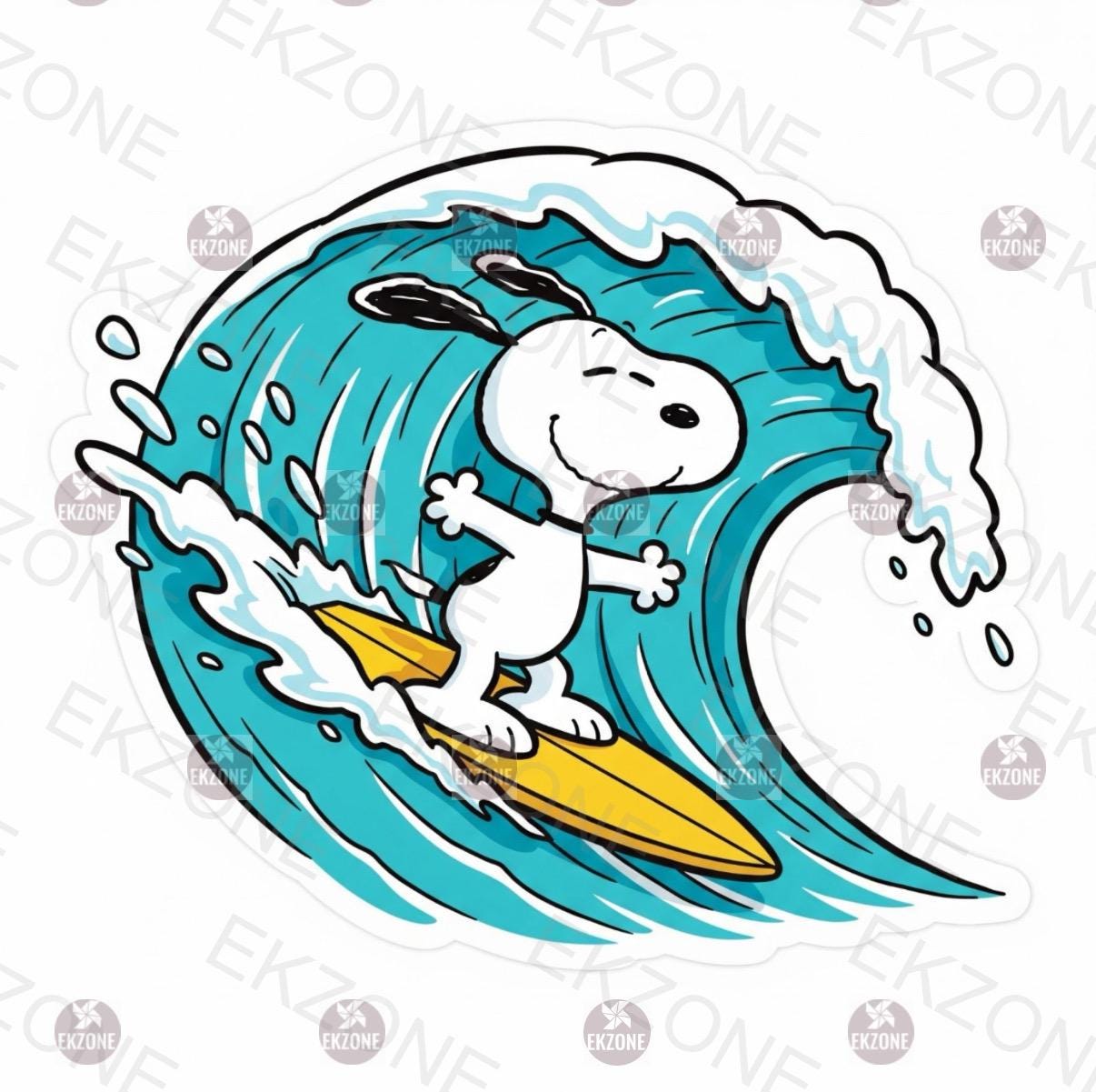Snoopy Surfing Sticker | Peanuts Ocean Wave Decal | Woodstock & Charlie Brown | Beach Vibe Art | Summer Sports Cartoon Vinyl | Surf Lover