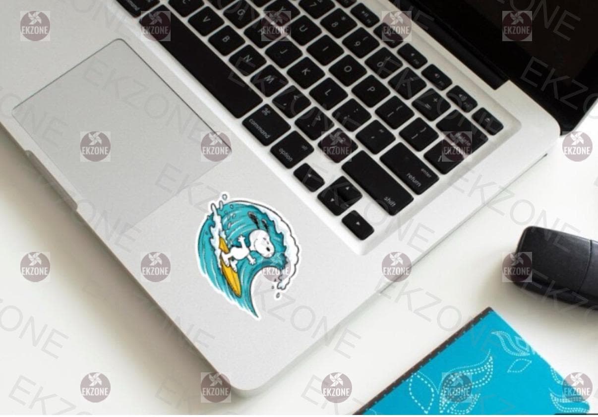 Snoopy Surfing Sticker | Peanuts Ocean Wave Decal | Woodstock & Charlie Brown | Beach Vibe Art | Summer Sports Cartoon Vinyl | Surf Lover