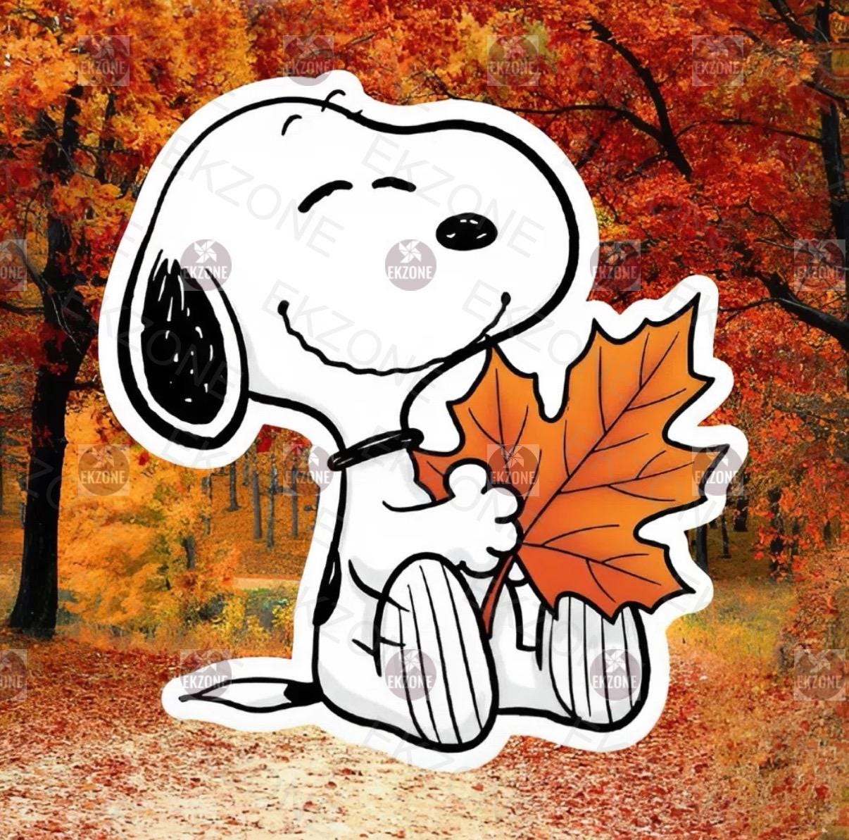 Snoopy Fall Leaf Sticker | Peanuts Autumn Decal | Cozy Vibes Art | Maple Leaf Vinyl | Nostalgic Fall Decor | Cute Dog Laptop Sticker