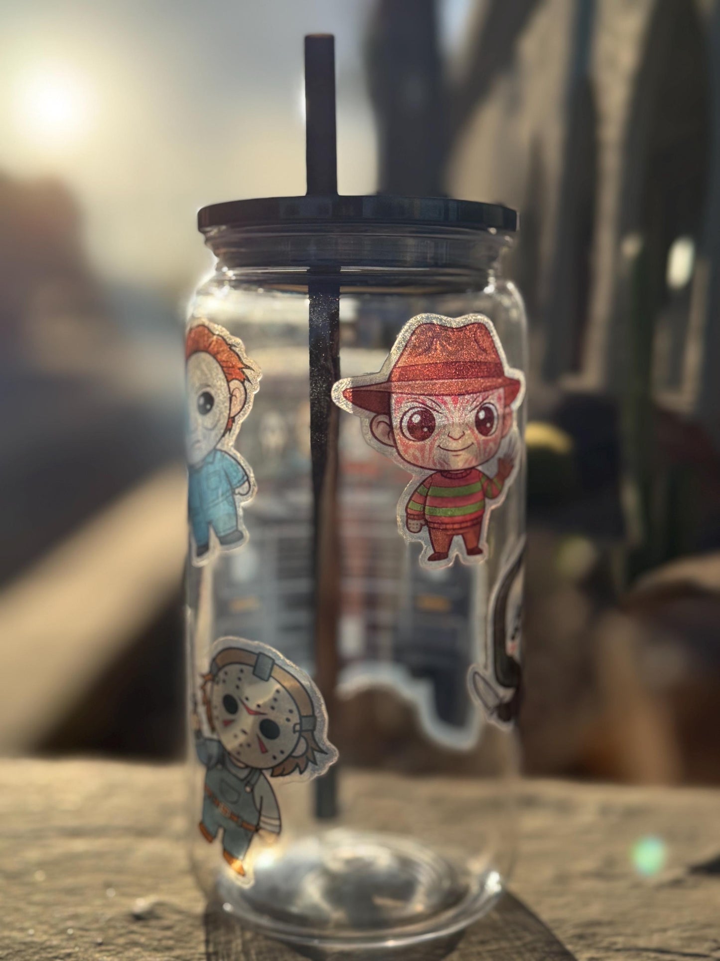 Horror Movie Characters Tumbler – 16 oz Plastic Iced Coffee Cup with Lid & Straw | Funny Halloween Horror Cup | Reusable Scary Movie Glass