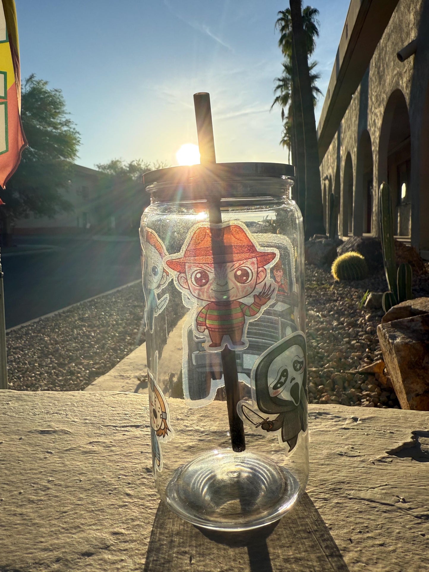 Horror Movie Characters Tumbler – 16 oz Plastic Iced Coffee Cup with Lid & Straw | Funny Halloween Horror Cup | Reusable Scary Movie Glass