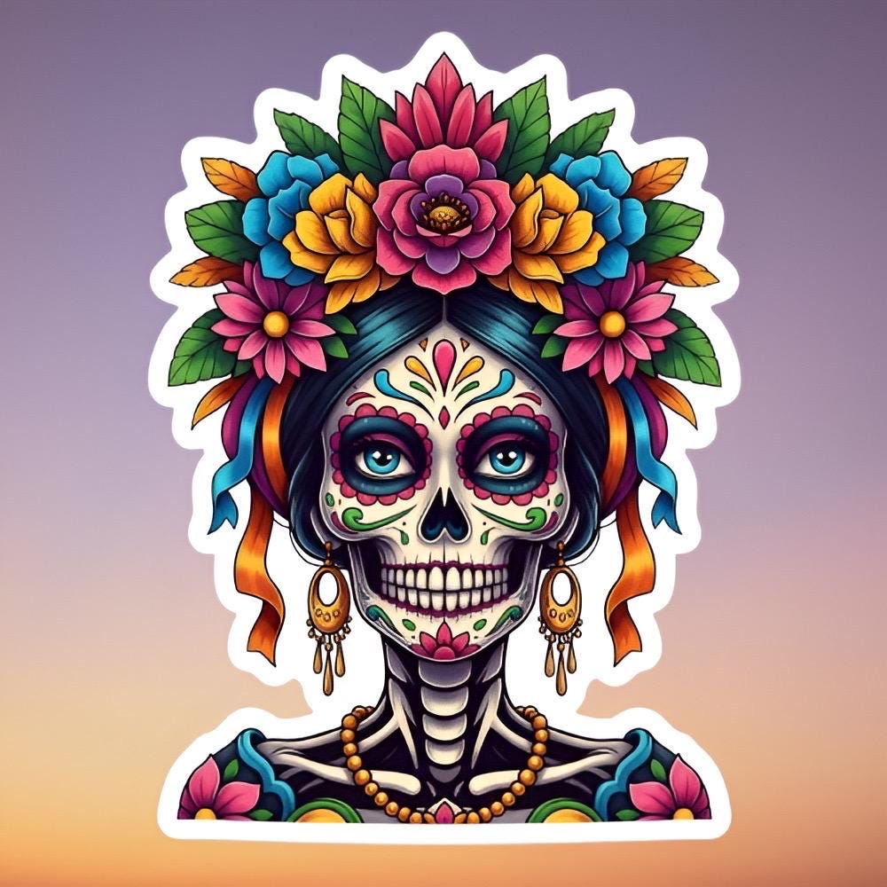 Sugar Skull Sticker | Día de los Muertos Decal | Calavera Art | Flower Crown Vinyl | Mexican Folk Art Gift | Colorful Day of Dead Laptop |
