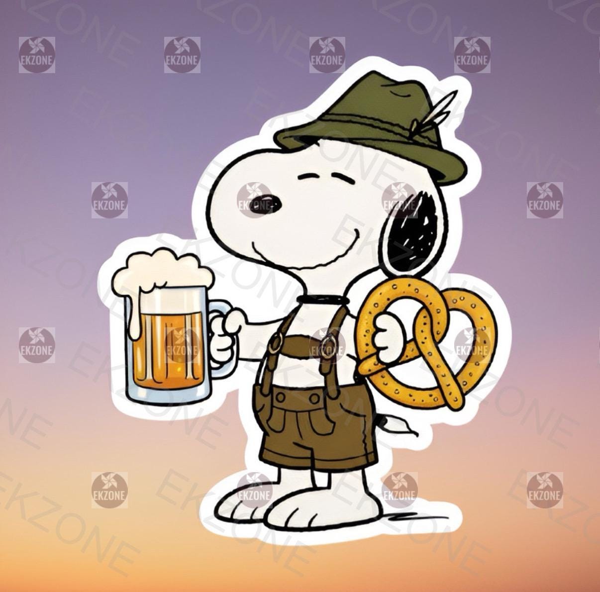 Snoopy Oktoberfest Sticker | Bavarian Beer & Pretzel Decal | German Festival Art | Funny Beer Lover Vinyl | Snoopy Lederhosen Gift | Fall