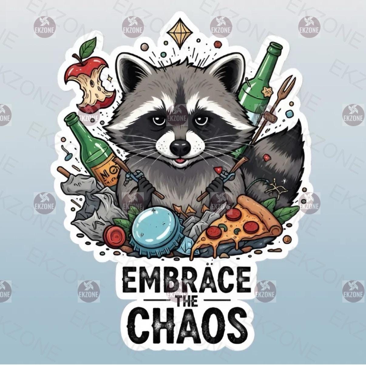 Embrace the Chaos Raccoon Sticker | Funny Animal Decal | Trash Panda Art | Quirky Quote Vinyl | Humorous Laptop Sticker | Cute Chaotic Gift