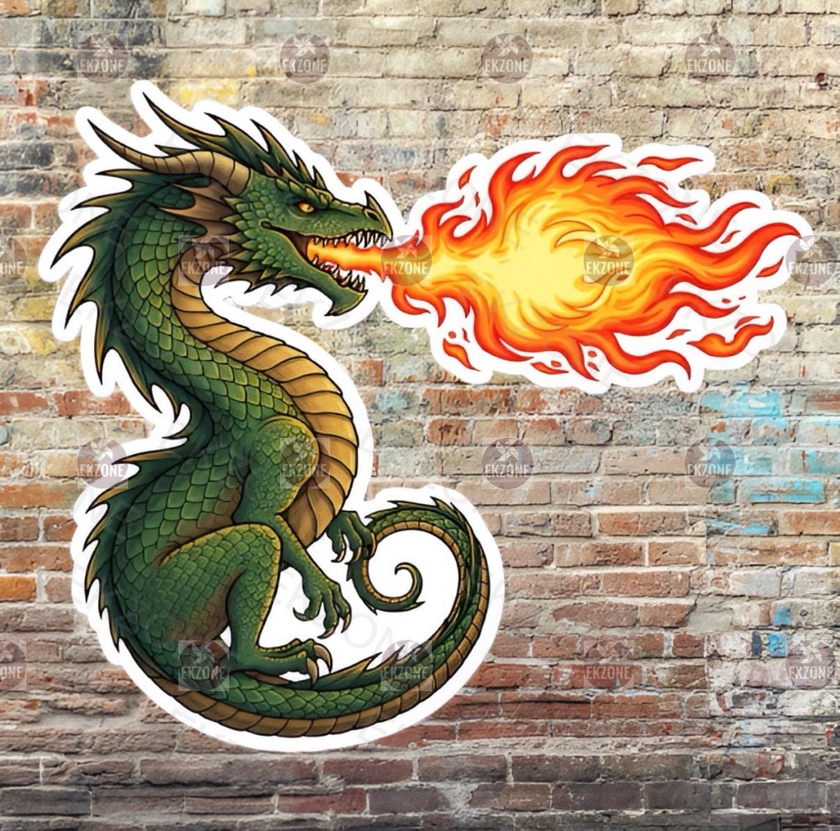 Fire Breathing Dragon Sticker | Green Fantasy Beast Decal | Mythical Creature Art | D&D DnD Gamer Vinyl | Dragon Lover Gift | DnD Tabletop