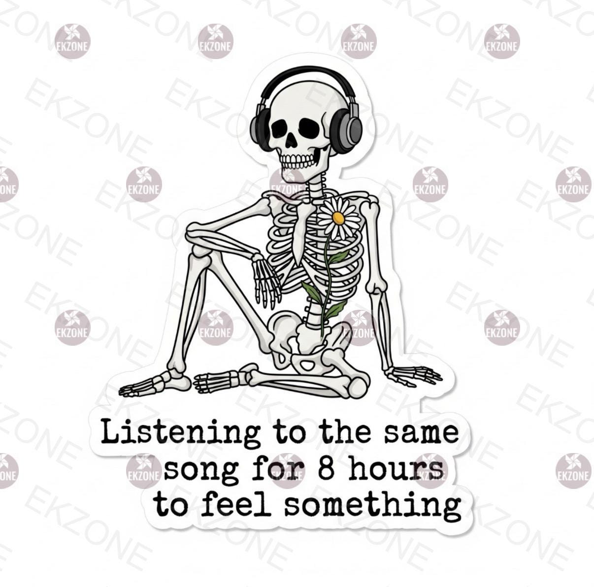 Listening to Same Song 8 Hours Skeleton Sticker |  Mental Health Decal | Relatable Music Lover Art | Existential Humor Vinyl | Laptop Decal