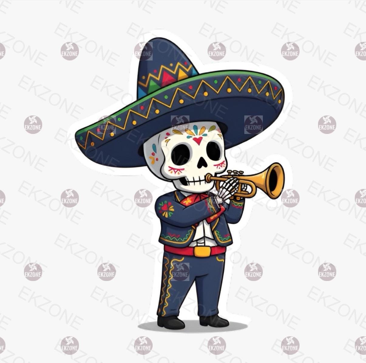 Sugar Skull Mariachi Sticker | Día de los Muertos Trumpet Decal | Calavera Art | Mexican Folk Art Vinyl| Mariachi Music Lover Gift| Sombrero