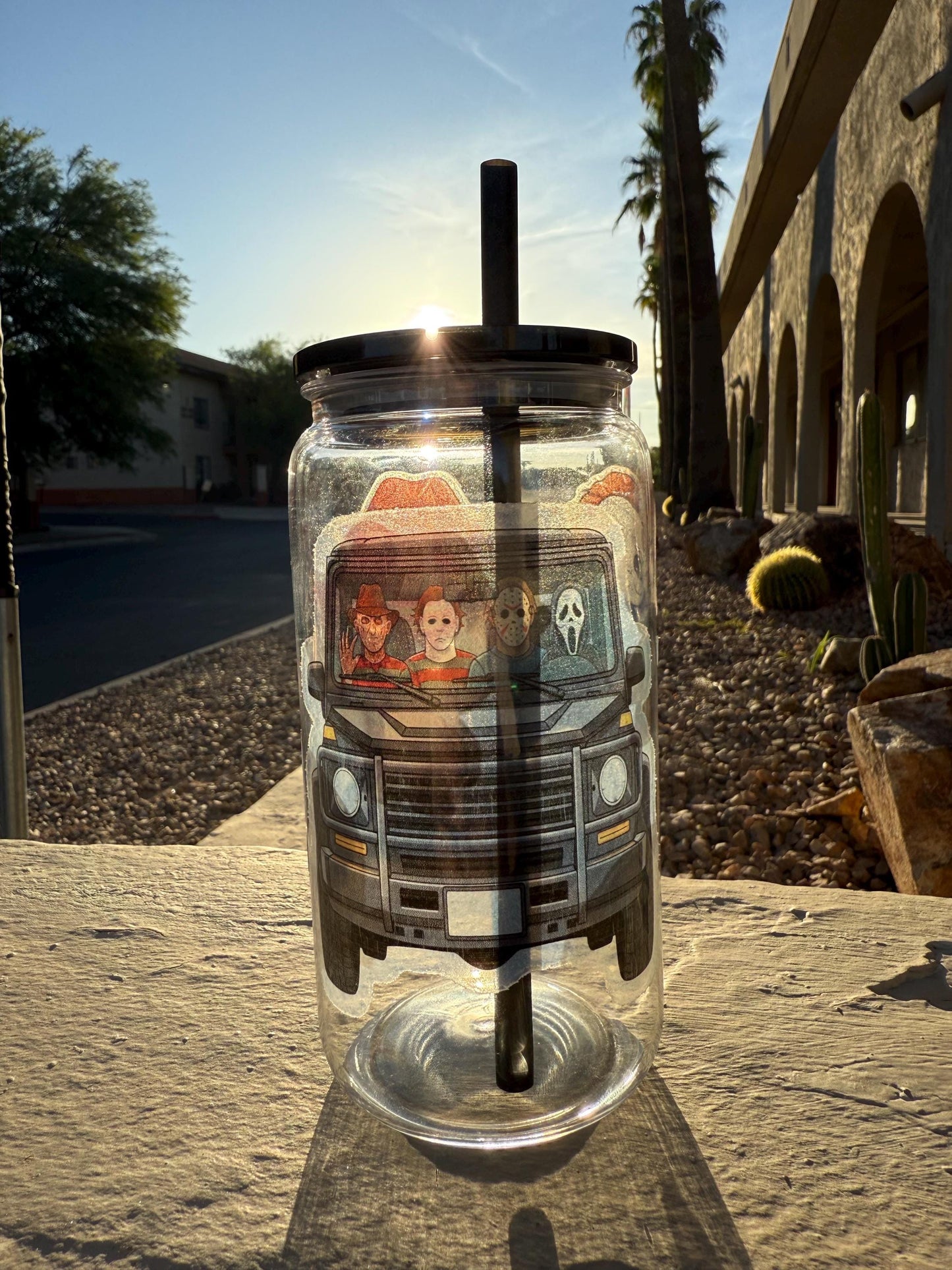 Horror Movie Characters Tumbler – 16 oz Plastic Iced Coffee Cup with Lid & Straw | Funny Halloween Horror Cup | Reusable Scary Movie Glass