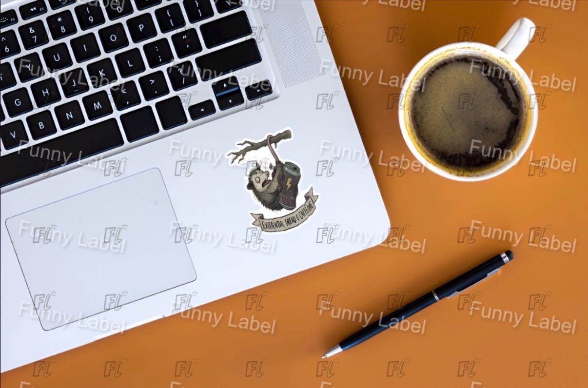 Funny Opossum Sticker - Existential Dread and Caffeine - Chaotic Energy Drink Decal - Mental Health Humor Gift - Waterproof Laptop Sticker