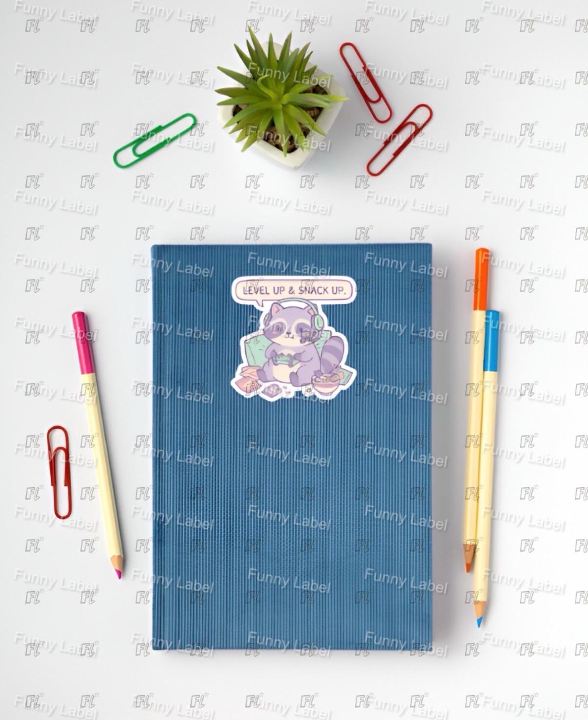 Cozy Gamer Sticker - Level Up Snack Up - Cute Raccoon Decal - Kawaii Gaming Gift - Streamer Battlestation Decor - Waterproof Vinyl