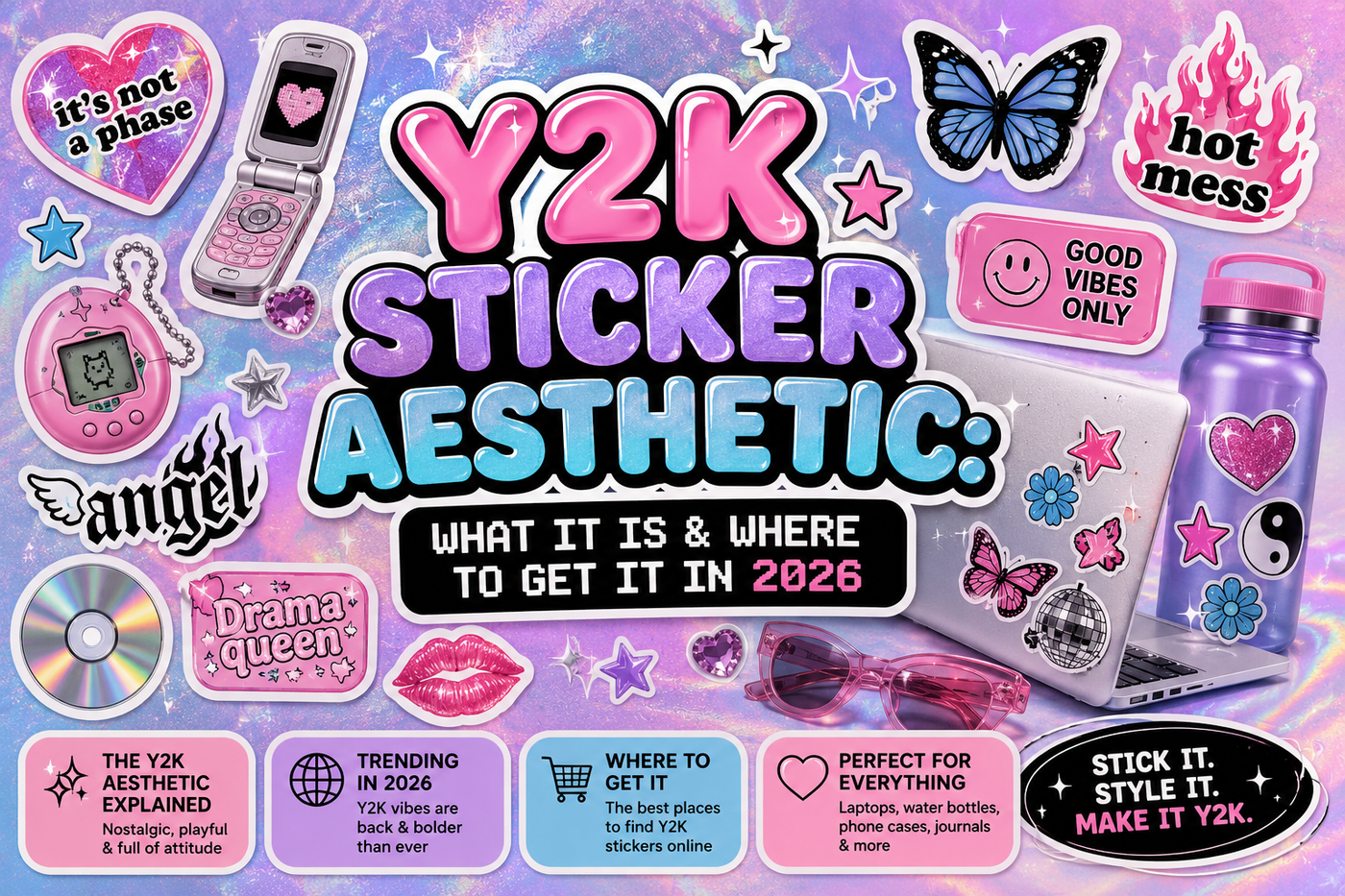 Y2K sticker aesthetic guide 2026 - where to find Y2K vinyl stickers for laptops and water bottles by Funny Label
