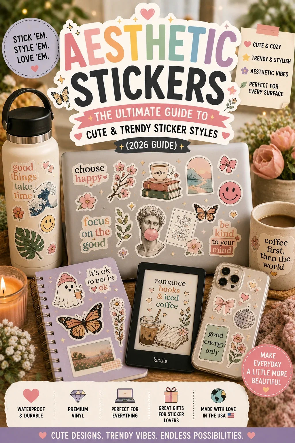 Aesthetic stickers on laptop, Kindle, phone case, journal, and water bottle.