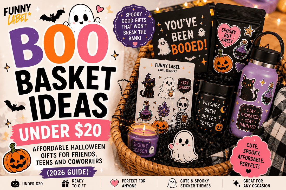 Halloween boo basket filled with waterproof vinyl stickers, glow-in-the-dark stickers, candy, hot cocoa, coffee packets.Affordable Halloween gift idea for friends, coworkers, teens, and teachers.