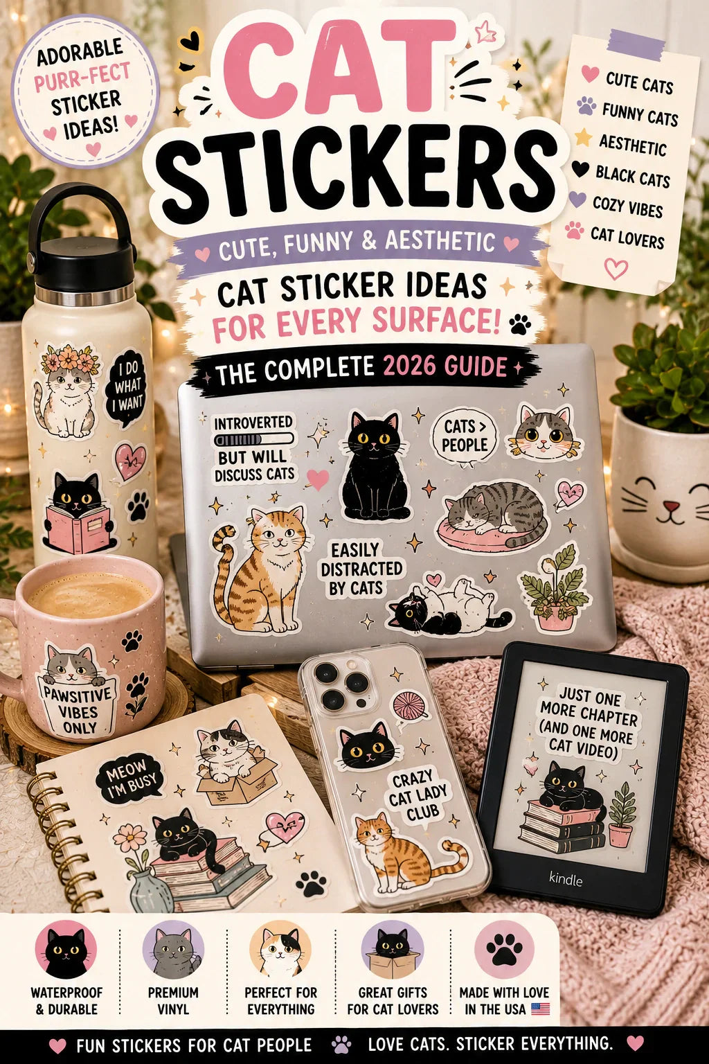 Cute cat stickers on laptop, Kindle, phone case, journal, and water bottle.