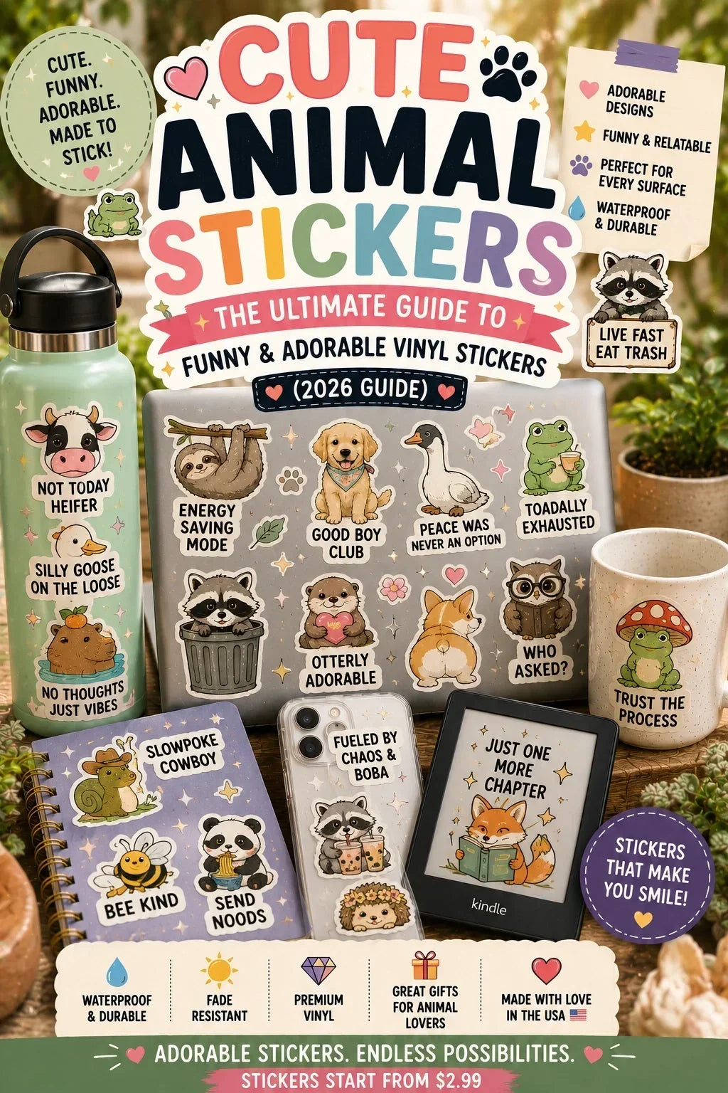 Cute animal stickers on laptop, Kindle, phone case, journal, and water bottle.