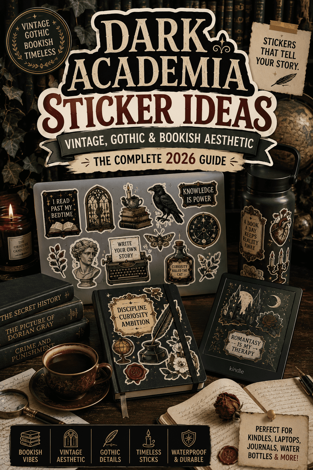 Dark academia stickers on Kindle, laptop, journal, and water bottle with vintage gothic aesthetic.