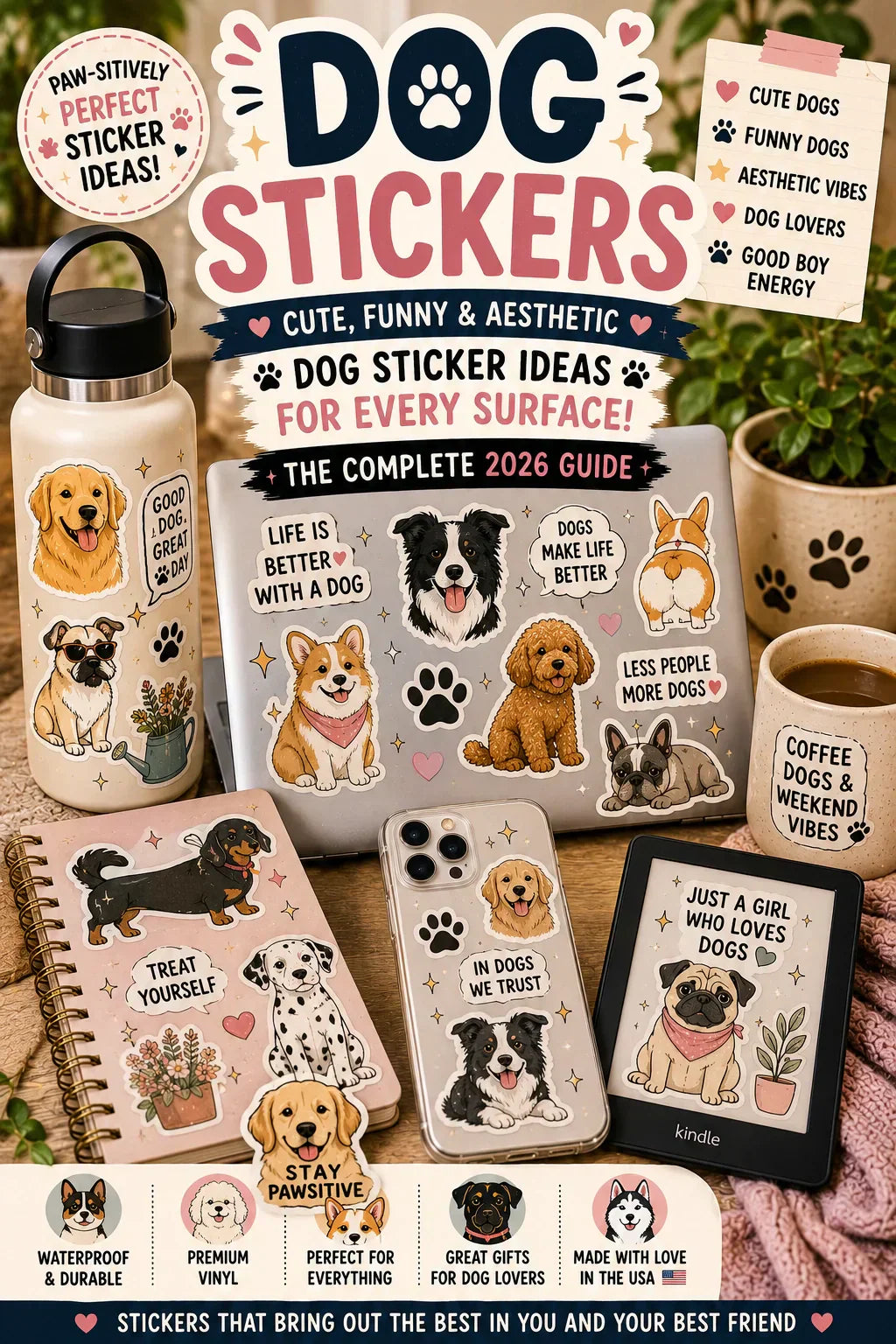 Cute dog stickers on laptop, Kindle, phone case, journal, and water bottle.