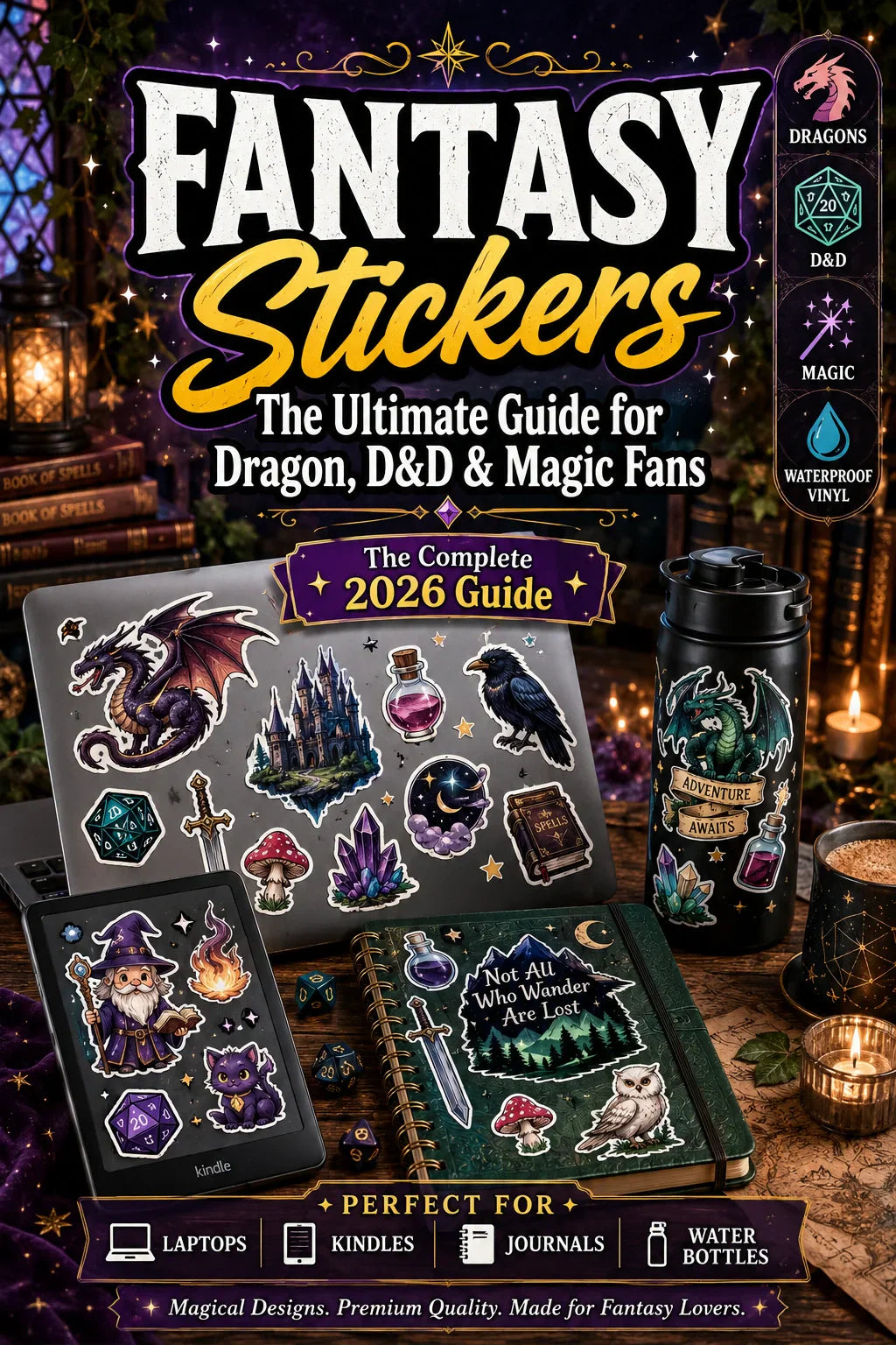 Fantasy stickers featuring dragons, D&D, magic, and waterproof vinyl sticker designs.
