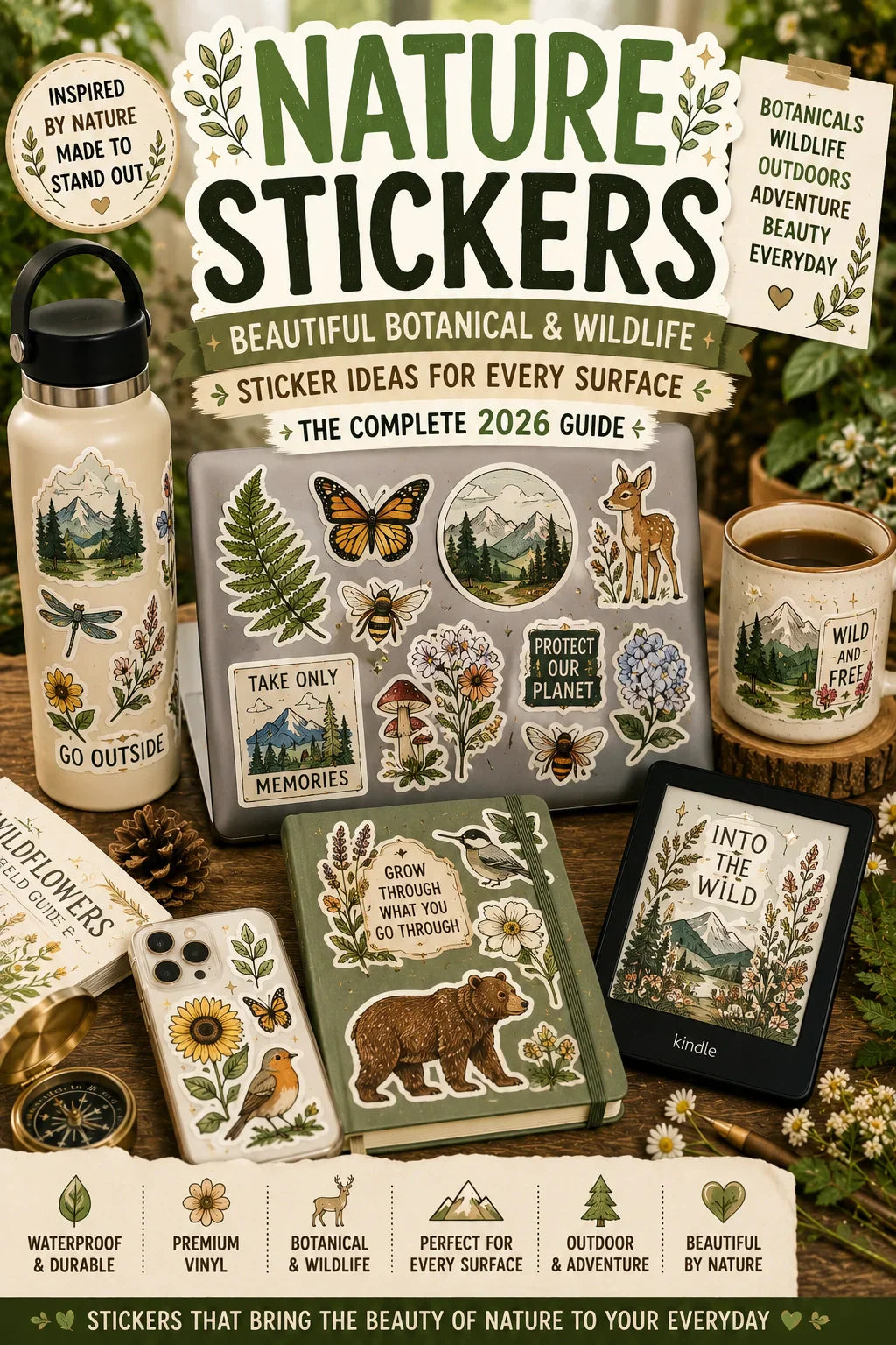 Nature stickers on laptop, Kindle, journal, phone case, and water bottle with botanical and wildlife designs.