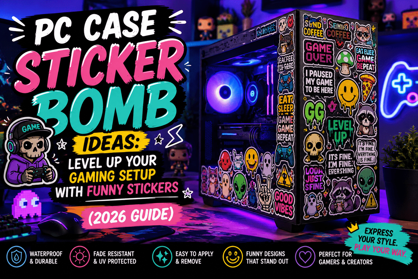 PC case sticker bomb ideas with gaming PC, RGB setup, and funny vinyl stickers.